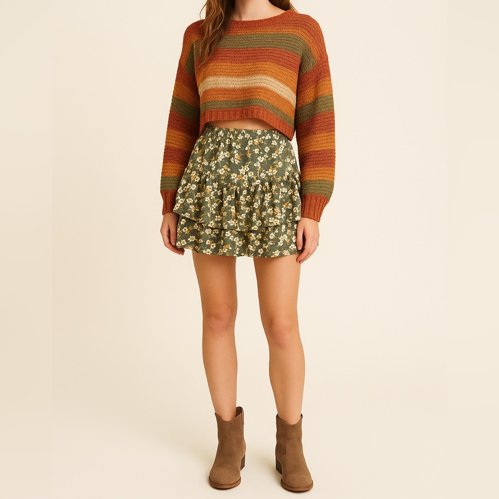 Girls Green Yellow Floral Tiered Ruffle Mini Skirt Boho Large 14 Moon & Stars